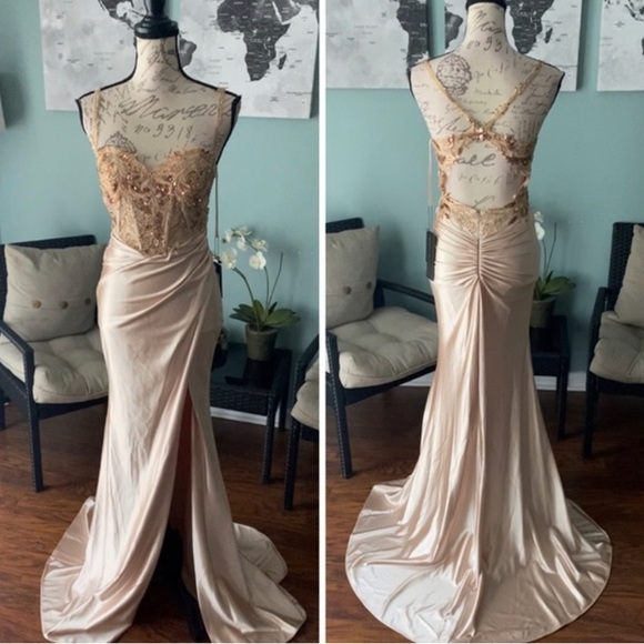 Champagne gold evening gown prom dress or formal dress - Picture 3 of 7